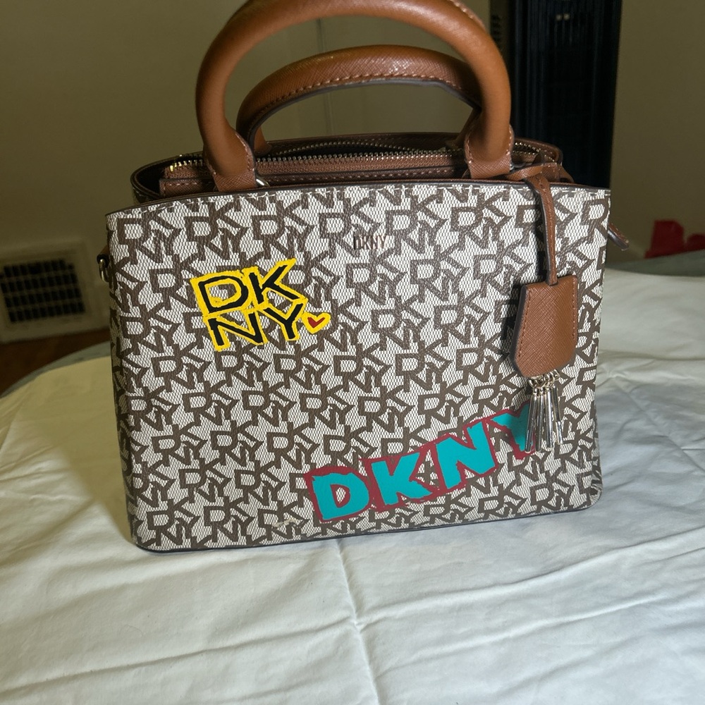 DKNY Brown and Cream Logo Satchel